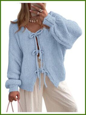 Women's Tie Front Bow Cardigan Sweater Chunky Cable Knit Puff Sleeve
